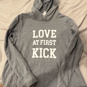 Gray Hoodie with 'Love at First Kick' maternity